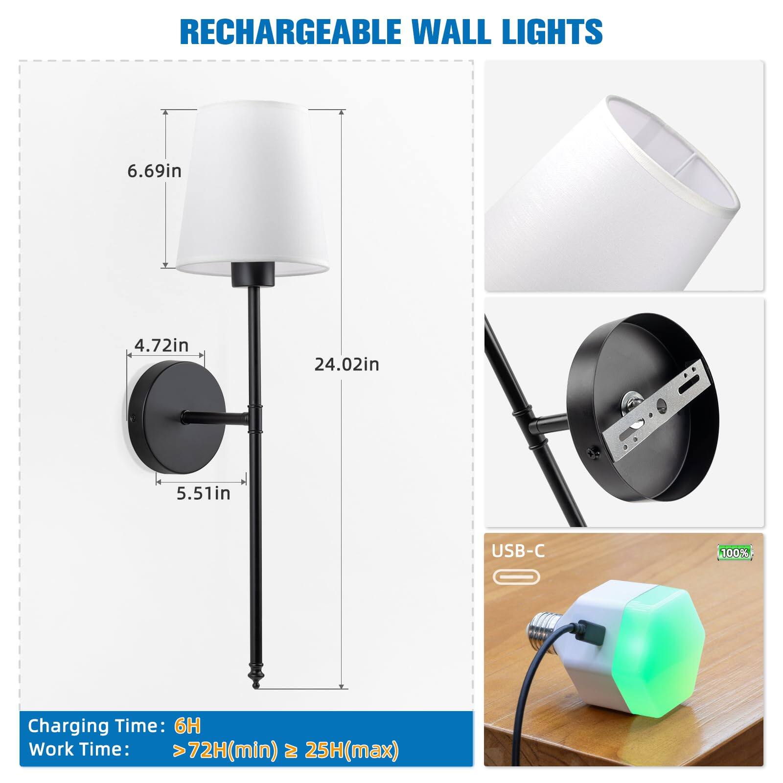 RECHARGEABLE WALL LIGHTS

- Height: 24.02in
- Diameter: 6.69in
- Base Diameter: 5.51in
- Base Thickness: 4.72in

USB-C

Charging Time: 6H

Work Time: >72H (min) ≥ 25H (max)