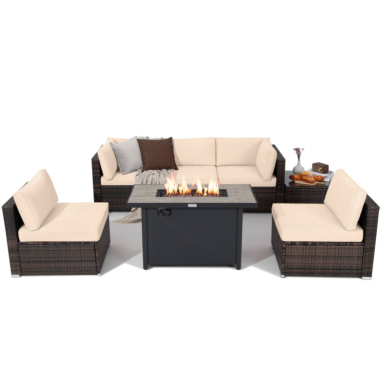 Alt View 1. Gymax - Gymax 7PCS Patio Rattan Furniture Set Fire Pit Table Cover Cushion Beige - Mix Brown, Black, Beige.
