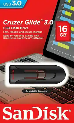 USB 3.0
Cruzer Glide™ 3.0 USB Flash Drive
Fast, reliable and secure storage
Keep private files private with 200 GB SanDisk SecureAccess™ software
16 GB*
Retractable Connector
SanDisk