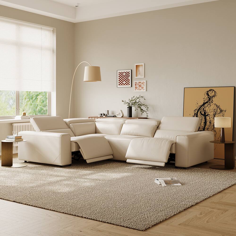 Angle. POVISON - 111" Minimalist Power Recliner Sectional Sofa, 2 Deep Seat 90°-145° , Waterproof, L-shaped Pet-friendly Couches, Black - Beige Sustainable Leather.