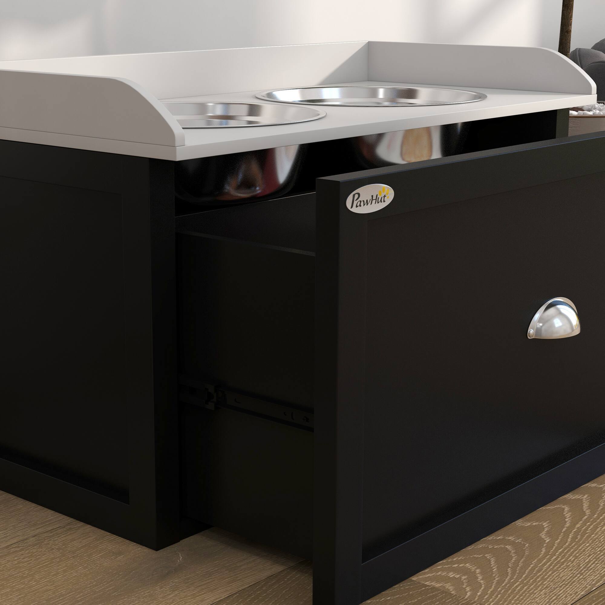 Alt View 5. Pawhut - Dog Feeding Station with Storage Drawer, Dog Food Storage Cabinet with 2 Removable Bowls for Dogs - White, Black.