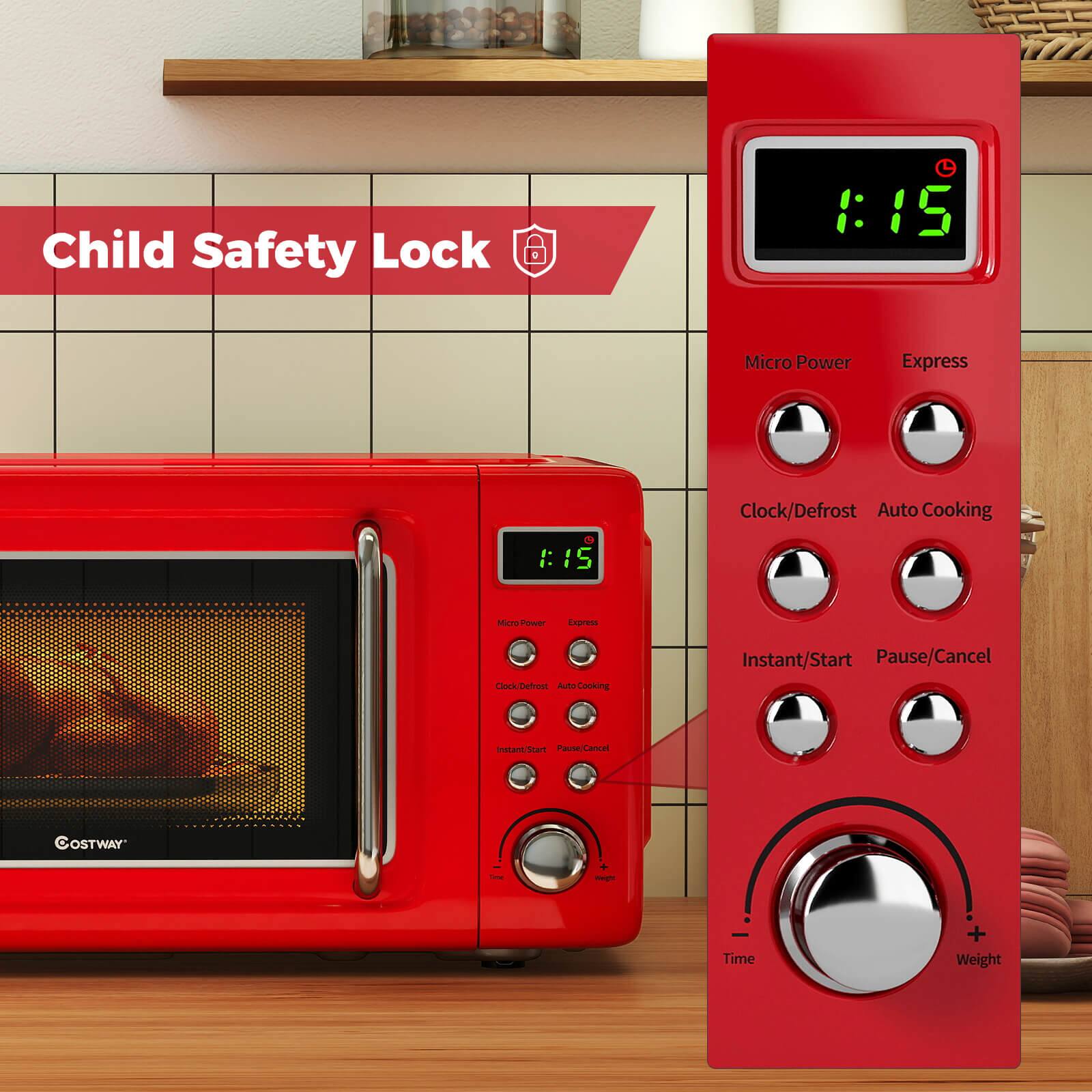Child Safety Lock

Micro Power Express Clock/Defrost Auto Cooking

Micro Power Express Clock, Defrost, Auto Cooking

Instant/Start Pause/Cancel

COSTWAY - Time + Weight