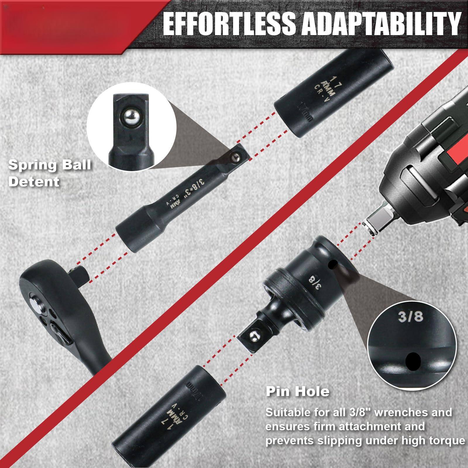 EFFORTLESS ADAPTABILITY

Spring Ball Detent

Pin Hole
Suitable for all 3/8" wrenches and ensures firm attachment and prevents slipping under high torque