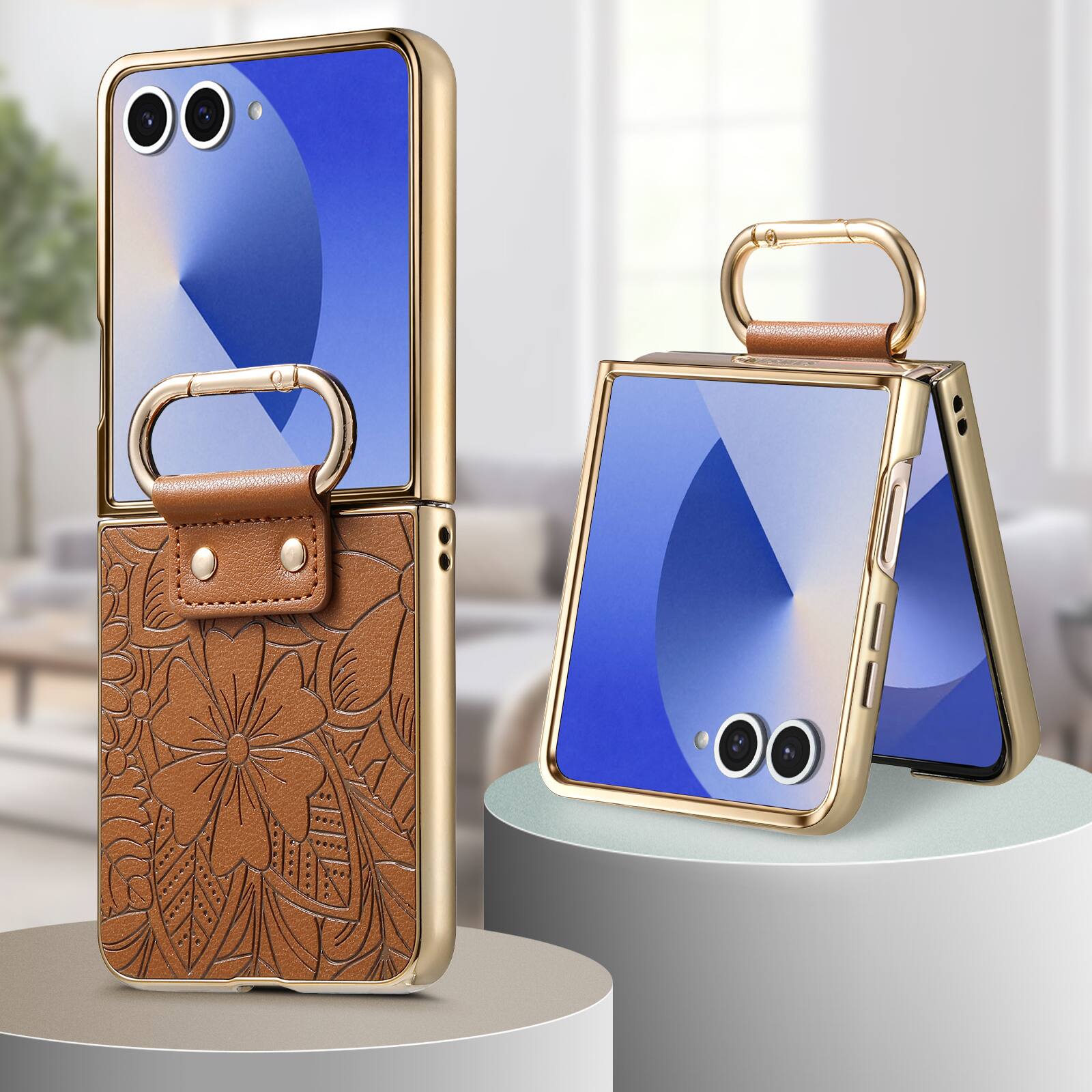 Left. Dteck - Shockproof Floral Leather Texture Case for Samsung Galaxy Z Flip8, Electroplated Rigid Plastic Cover with Ring Holder - Brown.