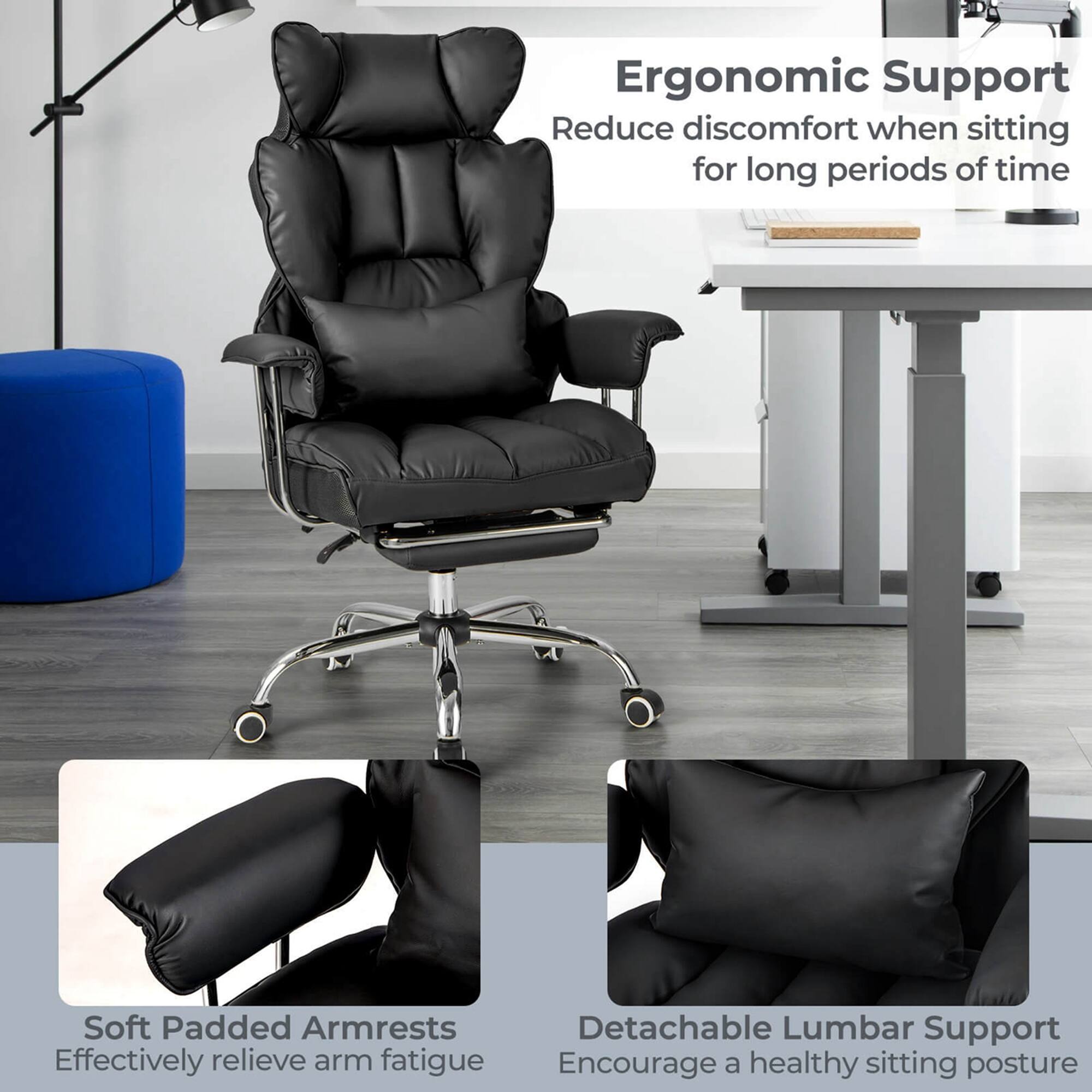 Ergonomic Support: Reduce discomfort when sitting for long periods of time. Soft Padded Armrests: Detachable Lumbar Support: Effectively relieve arm fatigue. Encourage a healthy sitting posture.