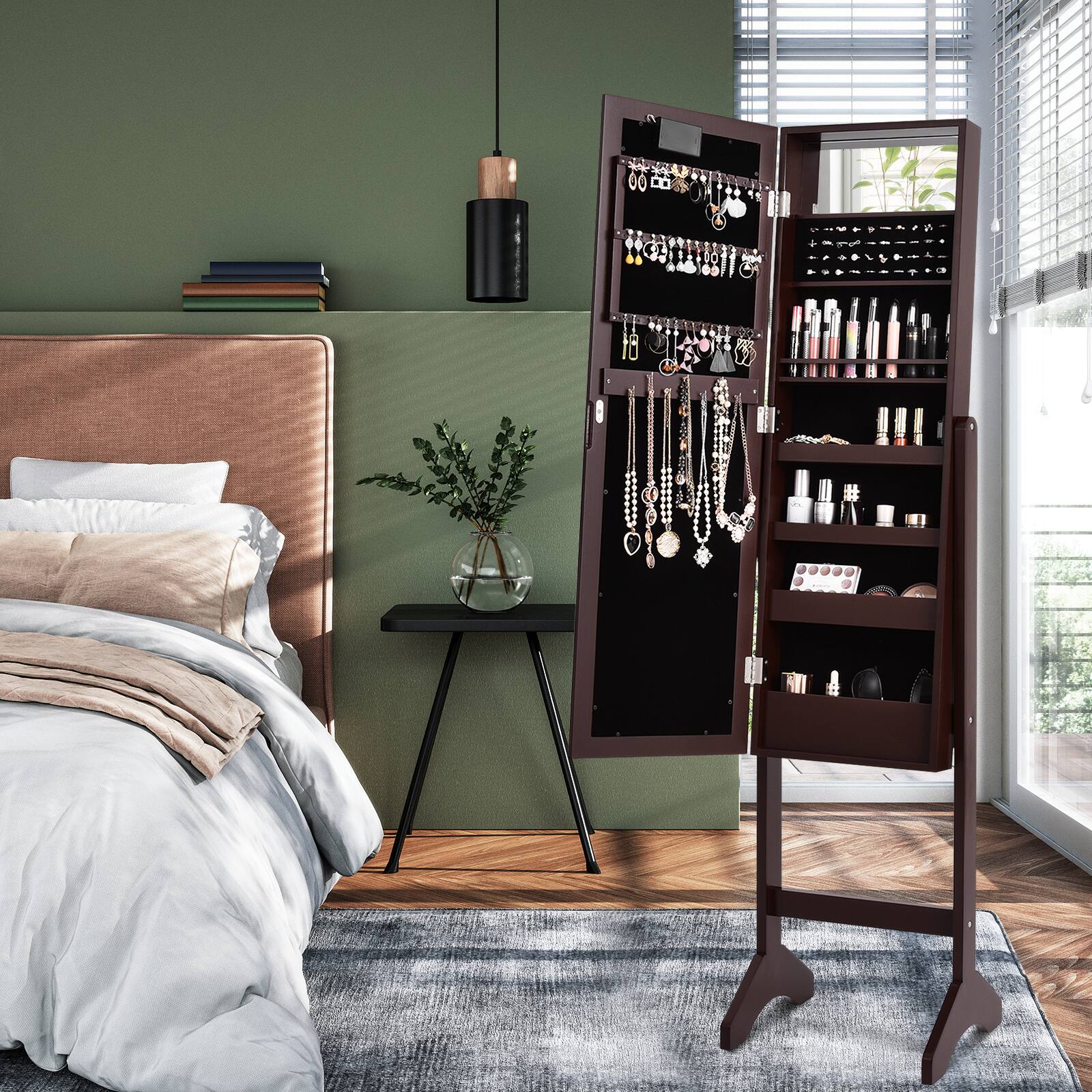 Alt View 1. Ecooso - Standing Jewelry Armoire with Full-Length Mirror, Lockable Storage and LED Lights.