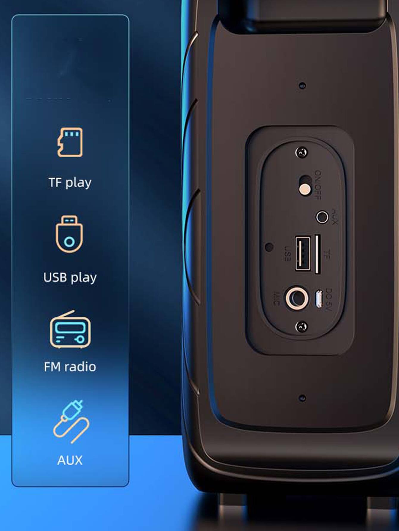 TF play  
USB play  
FM radio  
AUX