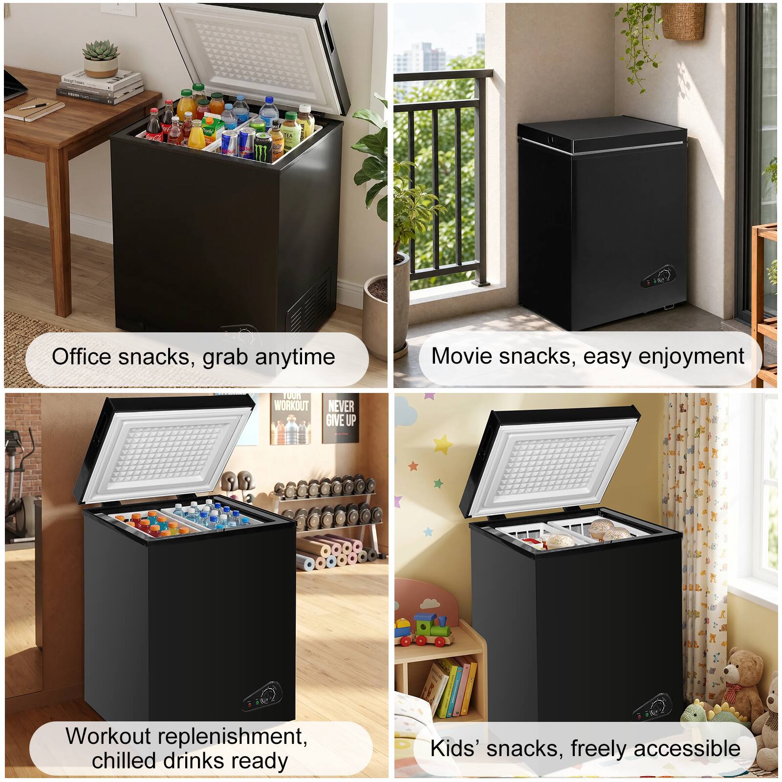 III BA 160) Office snacks, grab anytime  
Movie snacks, easy enjoyment  
Workout replenishment, chilled drinks ready  
Kids' snacks, freely accessible