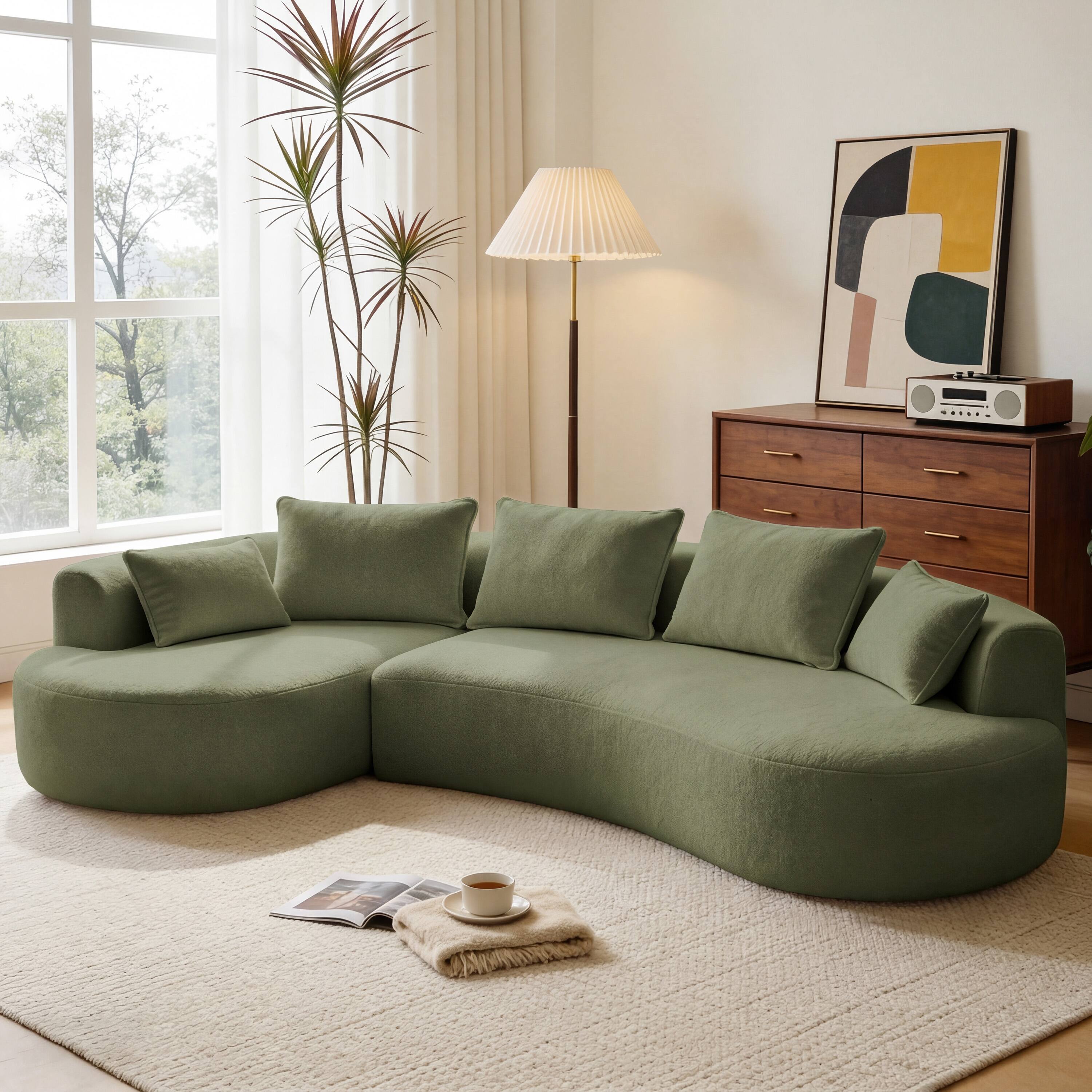 Left. Dyonery - 122" Modern Curved Sectional Sofa with Chaise, Boneless Couch with 5 Throw Pillows  for Living Room - Green.