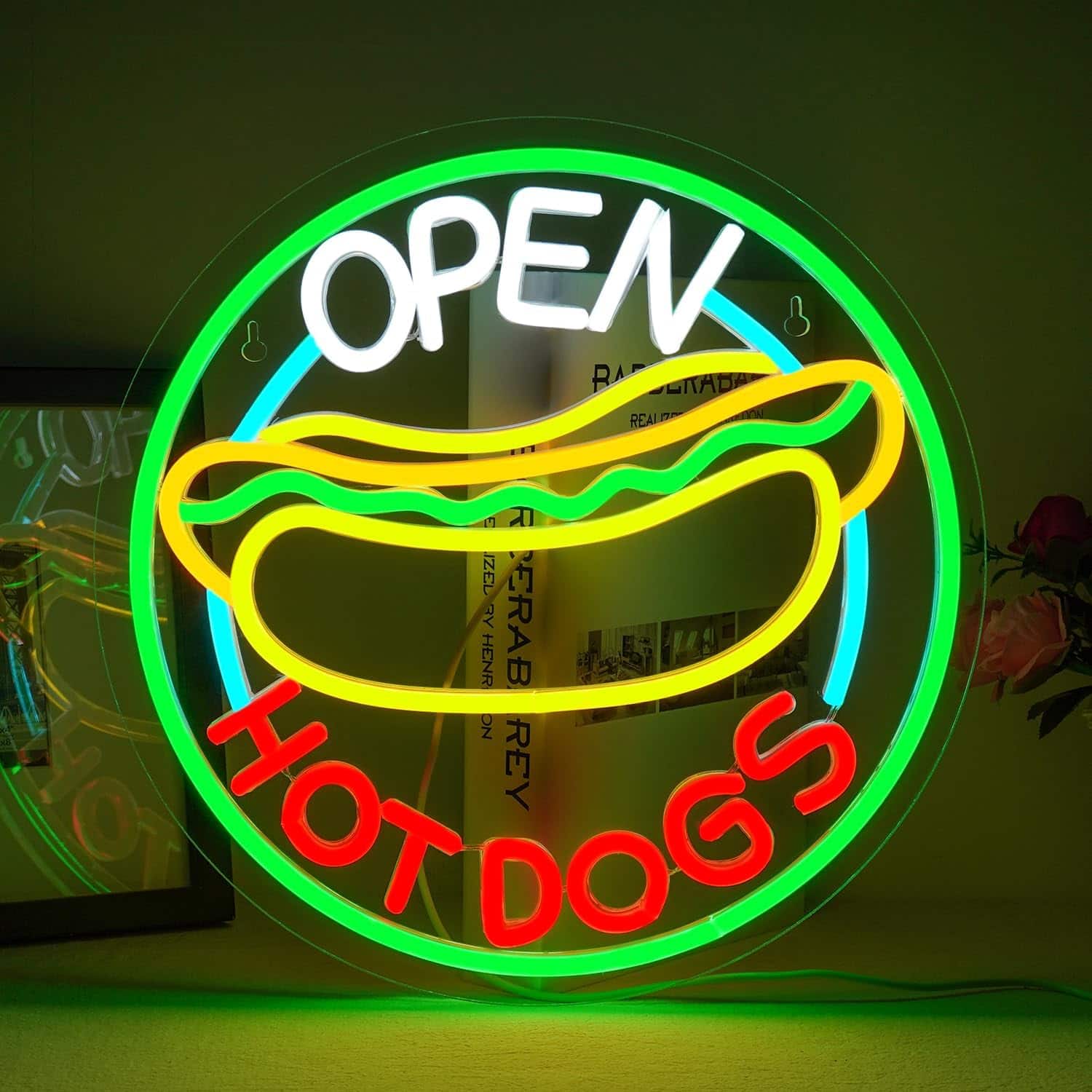 Auledio - Open Hot Dogs Neon Signs for Wall Decoration, Neon Lights for Restaurant, Dimmable LED Business Signs - As shown
