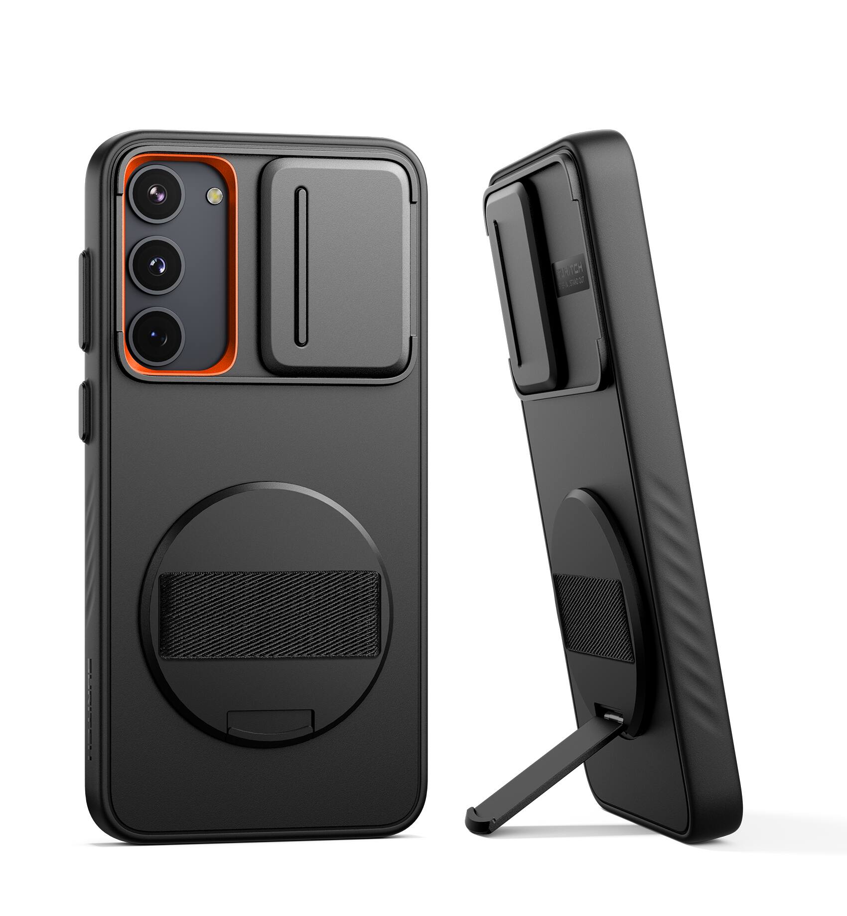 Angle. SURITCH - Case for Samsung Galaxy S23+ Plus with 360° Rotatable Hand Strap, Invisible Kickstand, Camera Cover, Rugged Shockproof - Black.