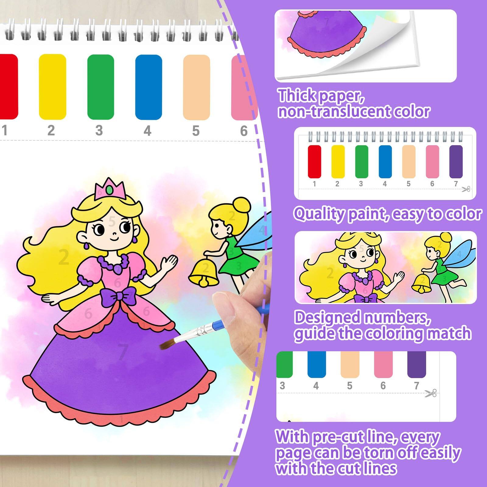 1 2 3 4 5 Thick paper, non-translucent color  
6 1 2 3 4 5 6 7 >8 2 5 6 6 2 2 3 4 Quality paint, easy to color  
2 2 6 7 6  E Designed numbers, guide the coloring match  
3 4 5 6 7 With pre-cut line, every page can be torn off easily with the cut lines