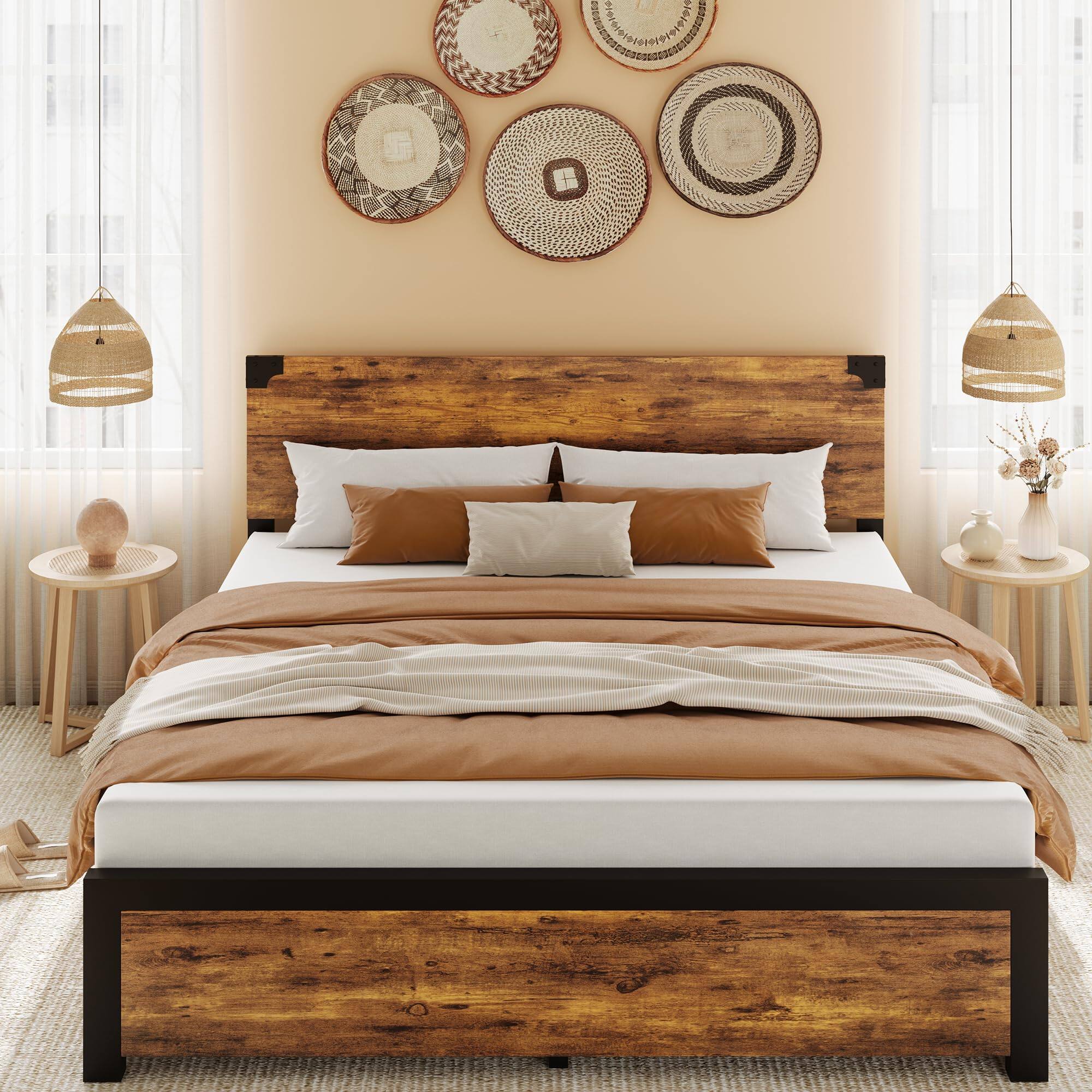 Alt View 1. Homhougo - Queen Size Bed Frame with Wood Headboard, Queen Platform Bed Frame - Brown.