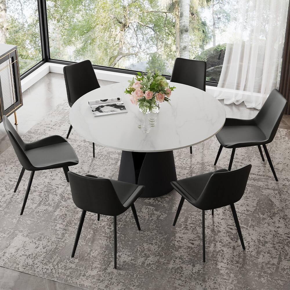 Left. POVISON - 59" Modern Round White Dining Table for 6, Matte Sintered Stone Tabletop, Solid Black Carbon Steel Base - Matte White Sintered Stone & Black Steel Base.
