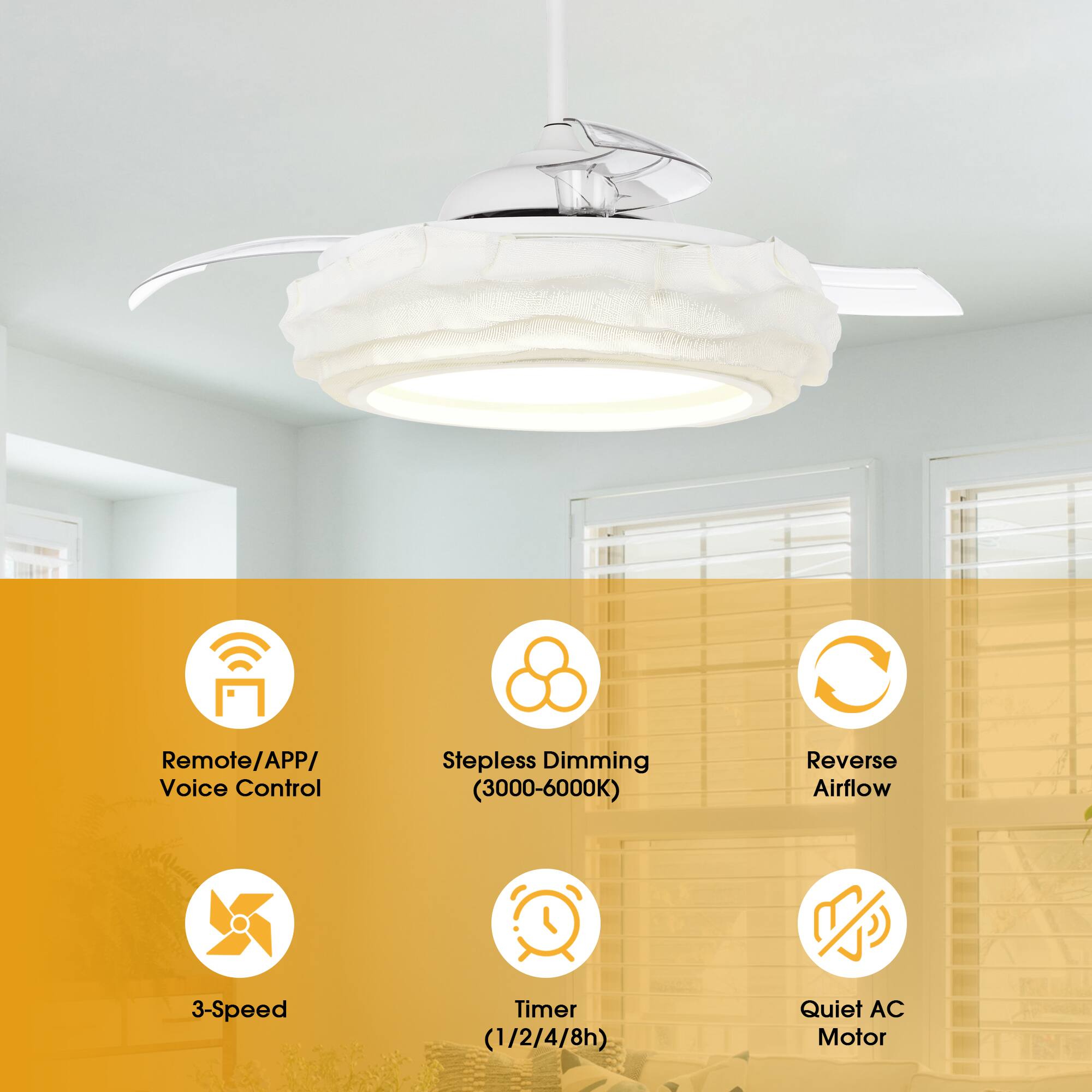 - Remote/APP/Voice Control
- Stepless Dimming (3000-6000K)
- Reverse Airflow
- 3-Speed
- Timer (1/2/4/8h)
- Quiet AC Motor