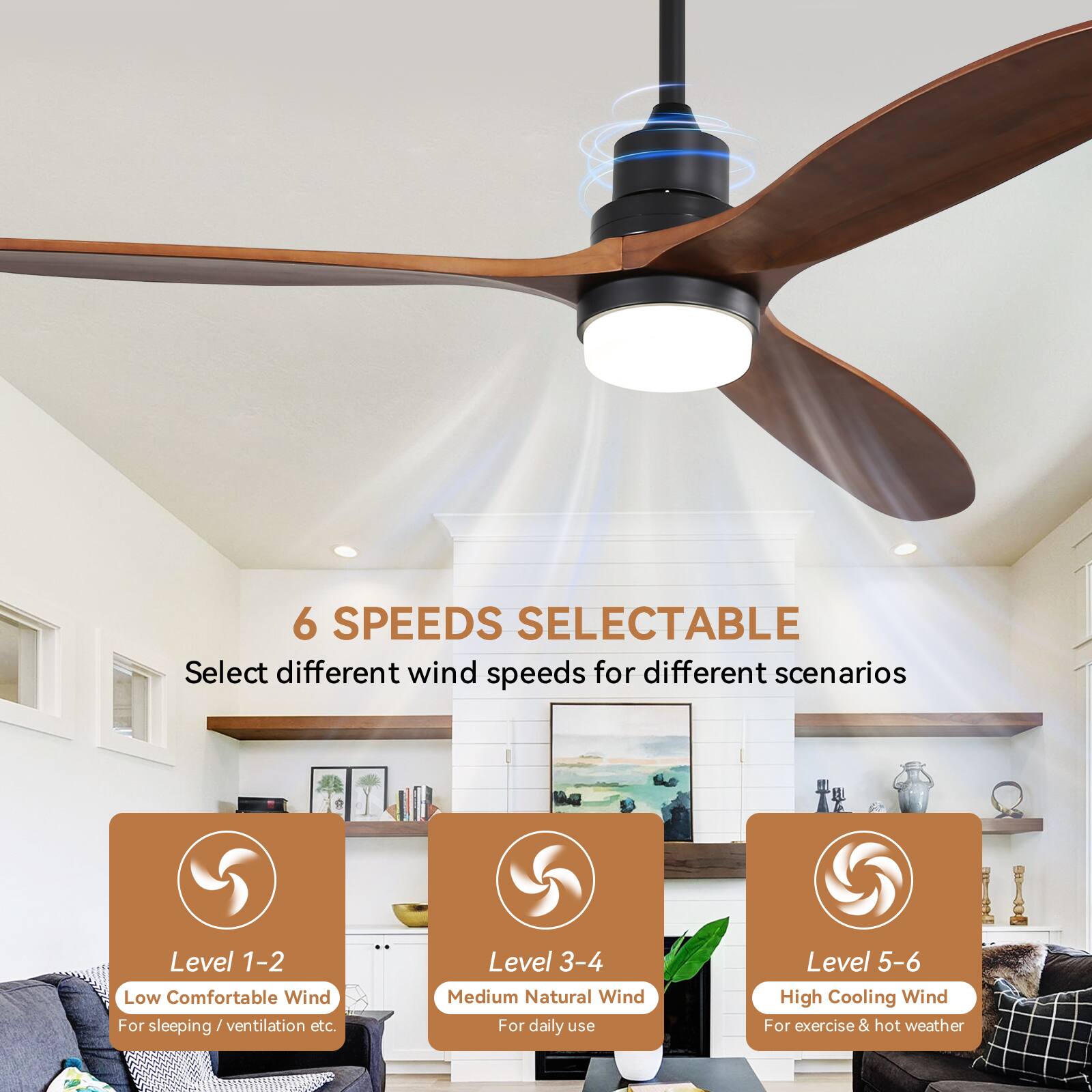 6 SPEEDS SELECTABLE  
Select different wind speeds for different scenarios  

Level 1-2  
Low Comfortable Wind  
For sleeping / ventilation etc.  

Level 3-4  
Medium Natural Wind  
For daily use  

Level 5-6  
High Cooling Wind  
For exercise & hot weather