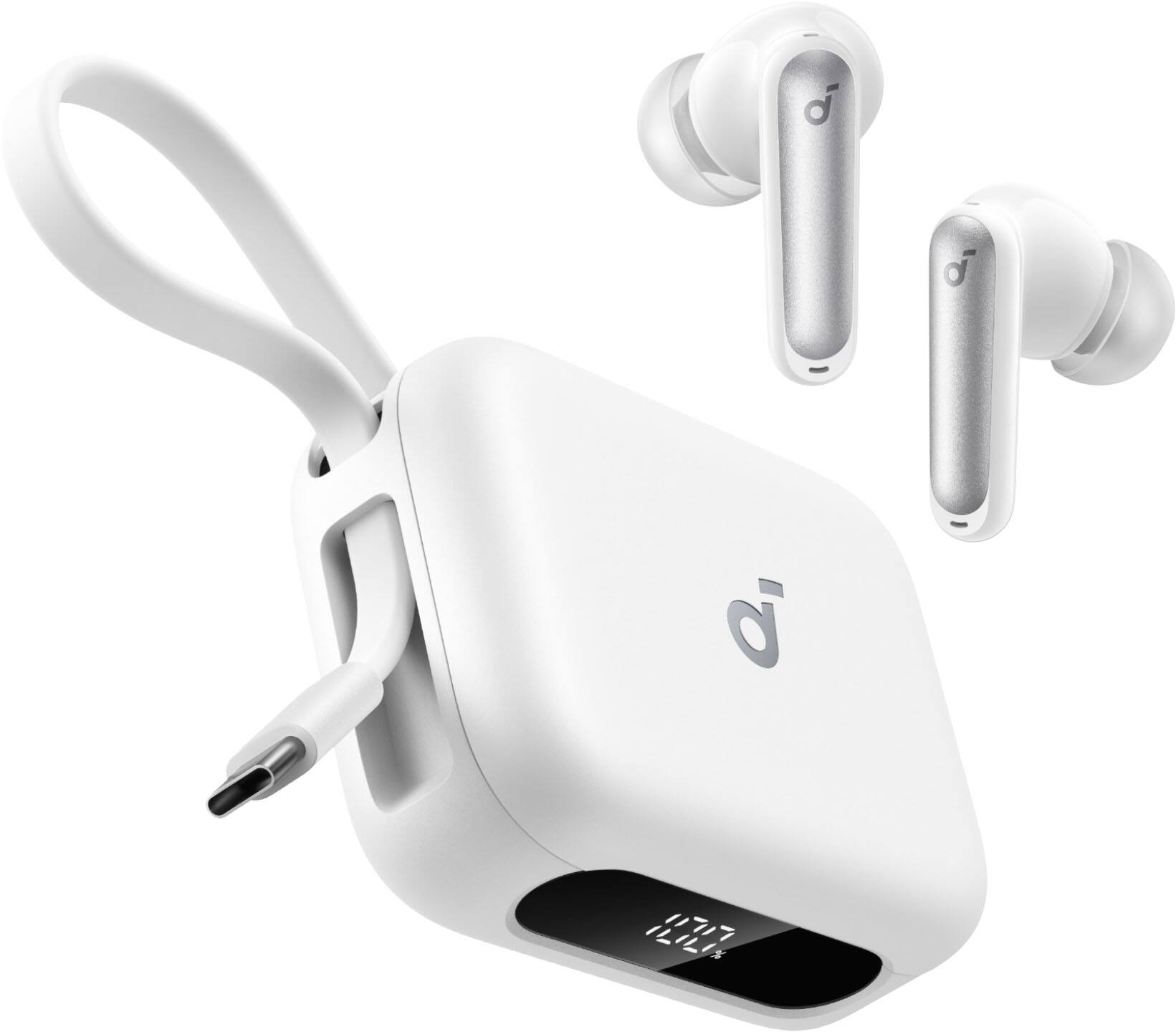 Left. Soundcore - by Anker P41i Bluetooth Wireless In Ear Earbuds with Portable USB-C 3,000mAh Phone Charger (With Lightning Adapter) - White.