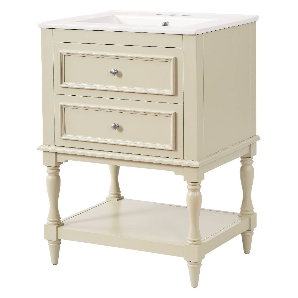 Alt View 6. Loheer - Loheer 24 inch bathroom vanity with ceramic sink, Beige Retro Cabinet with Open Shelf - Beige.