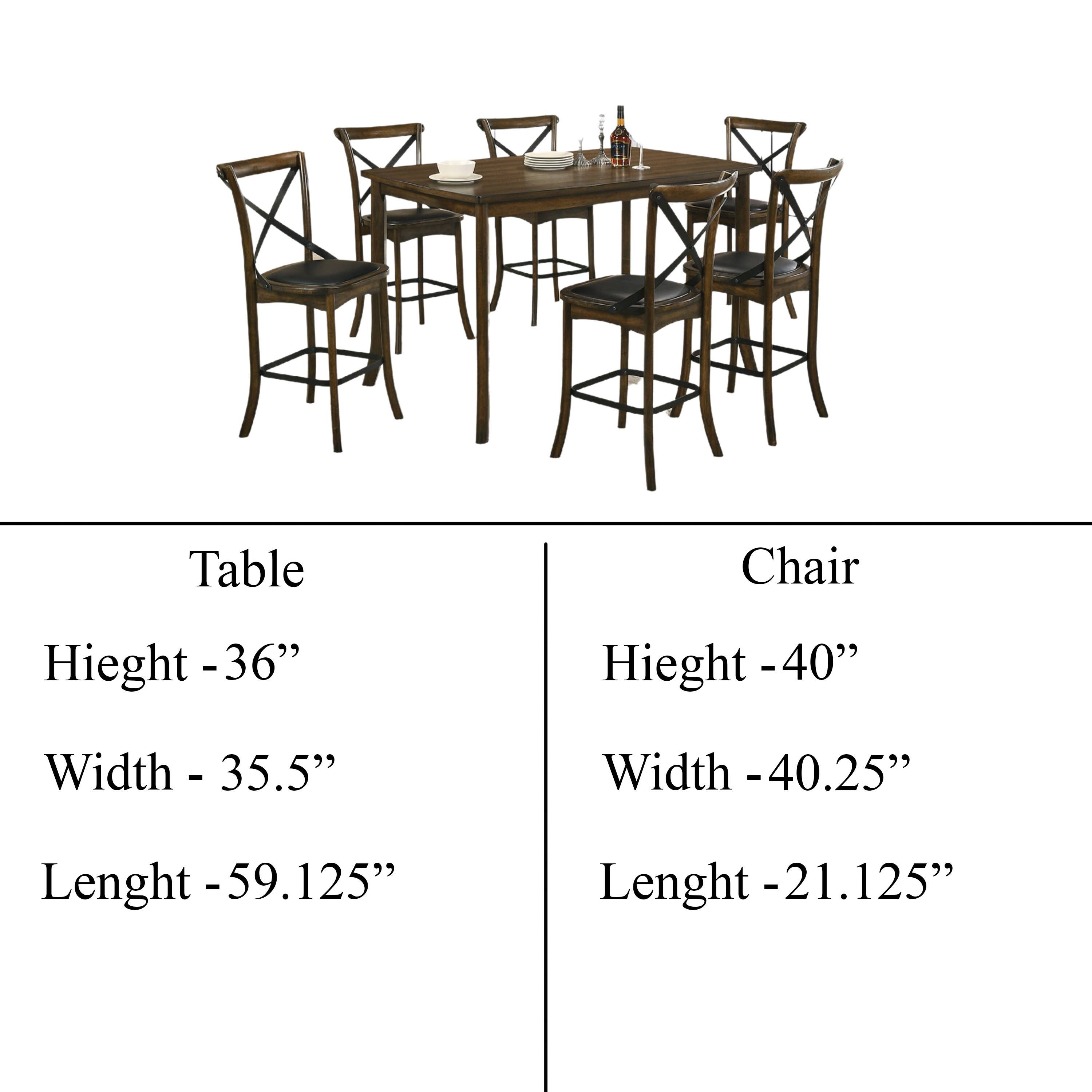 Table  
Height - 36"  
Width - 35.5"  
Length - 59.125"  

Chair  
Height - 40"  
Width - 40.25"  
Length - 21.125"