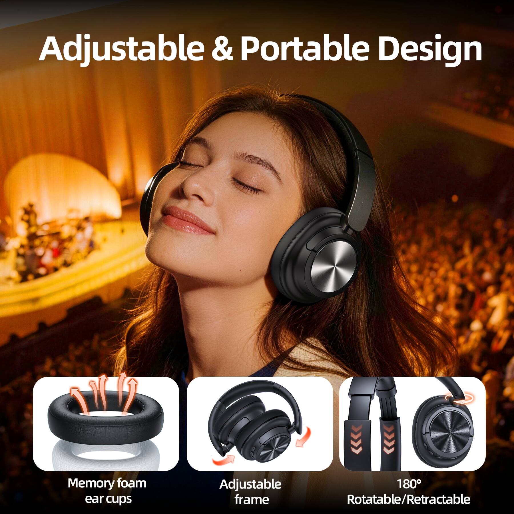 Adjustable & Portable Design

Memory foam ear cups

Adjustable frame

180° Rotatable/Retractable