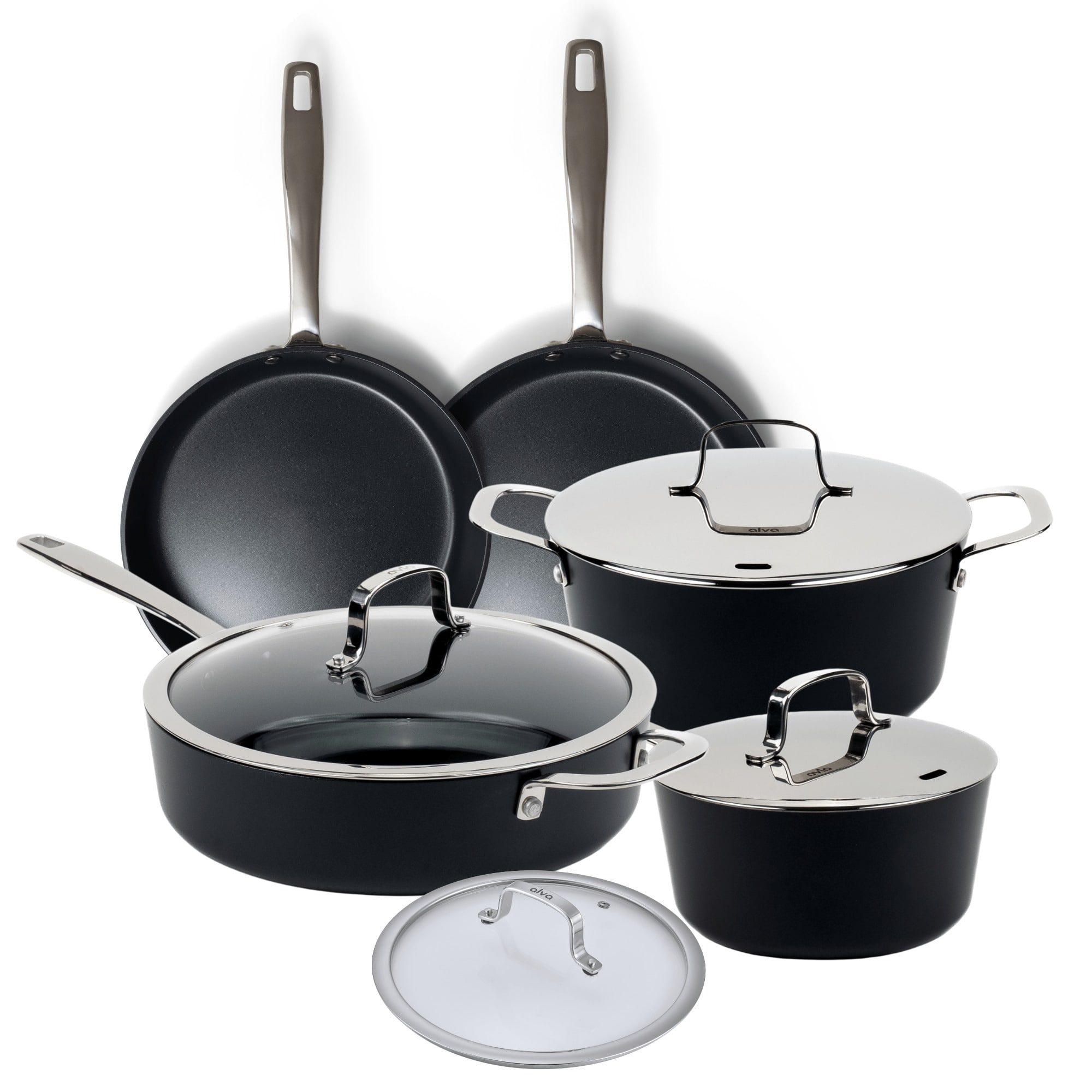 Front. Alva - Alva Maestro Cookware Set 9-Piece Set - Nonstick Ceramic Pans and Pots - Black.