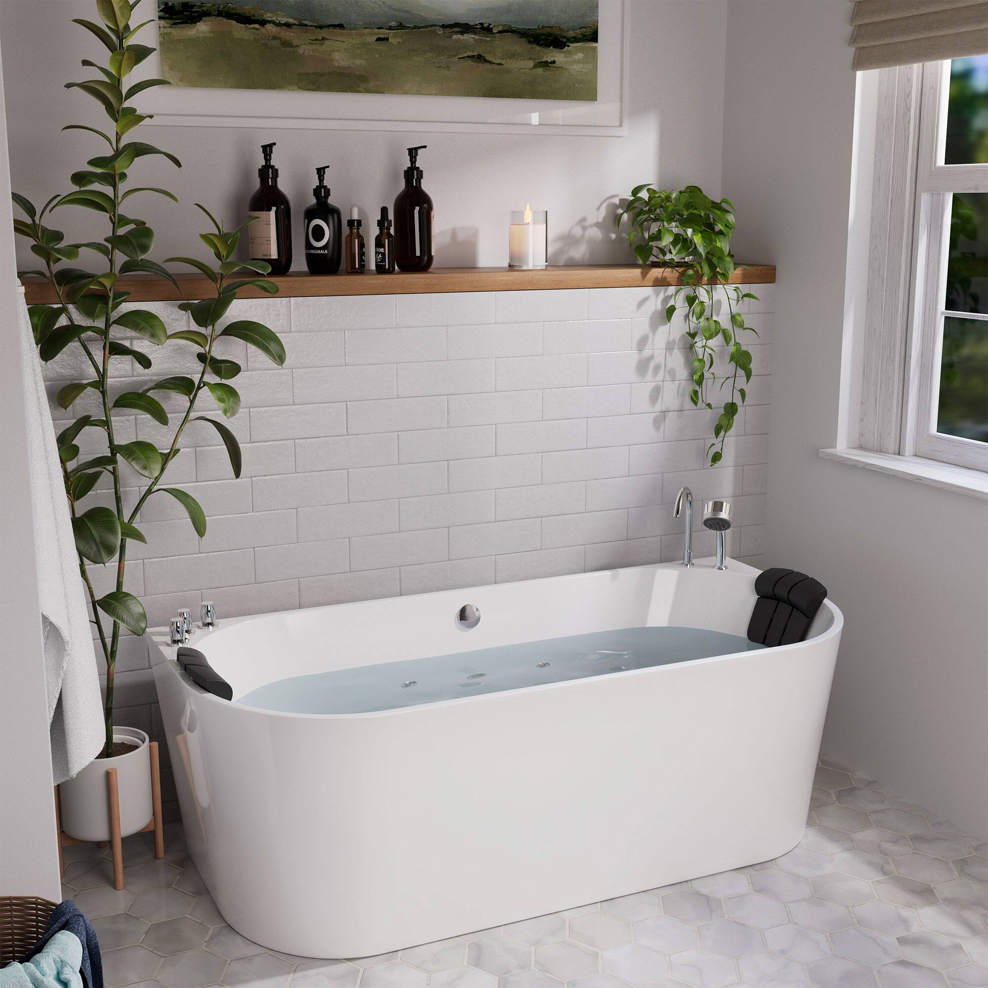 Left. Empava - 71 in. x 31.5 in. Center Drain Freestanding Whirlpool Bathtub Hydrotherapy Jetted Soaking Bath Tub - Tub filler in White - White.