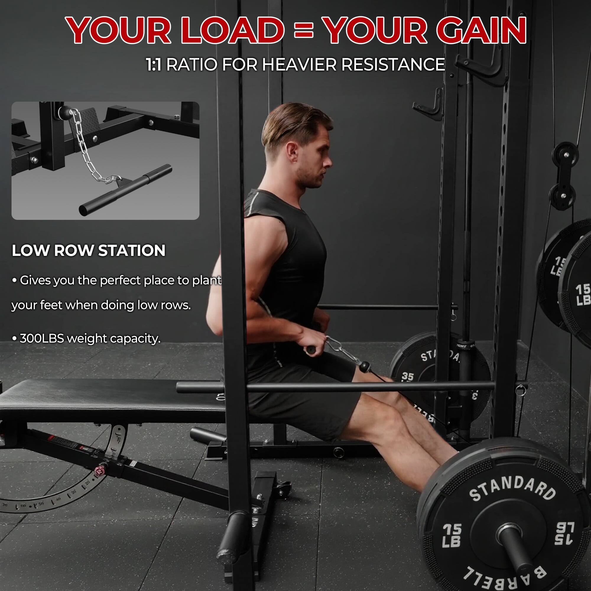 YOUR LOAD = YOUR GAIN  
1:1 RATIO FOR HEAVIER RESISTANCE  

LOW ROW STATION  
- Gives you the perfect place to plant your feet when doing low rows.  
- 300LBS weight capacity.  

STANDARD  
15 LB  
75 LB  
35 LB  
133 LB  
15 LB