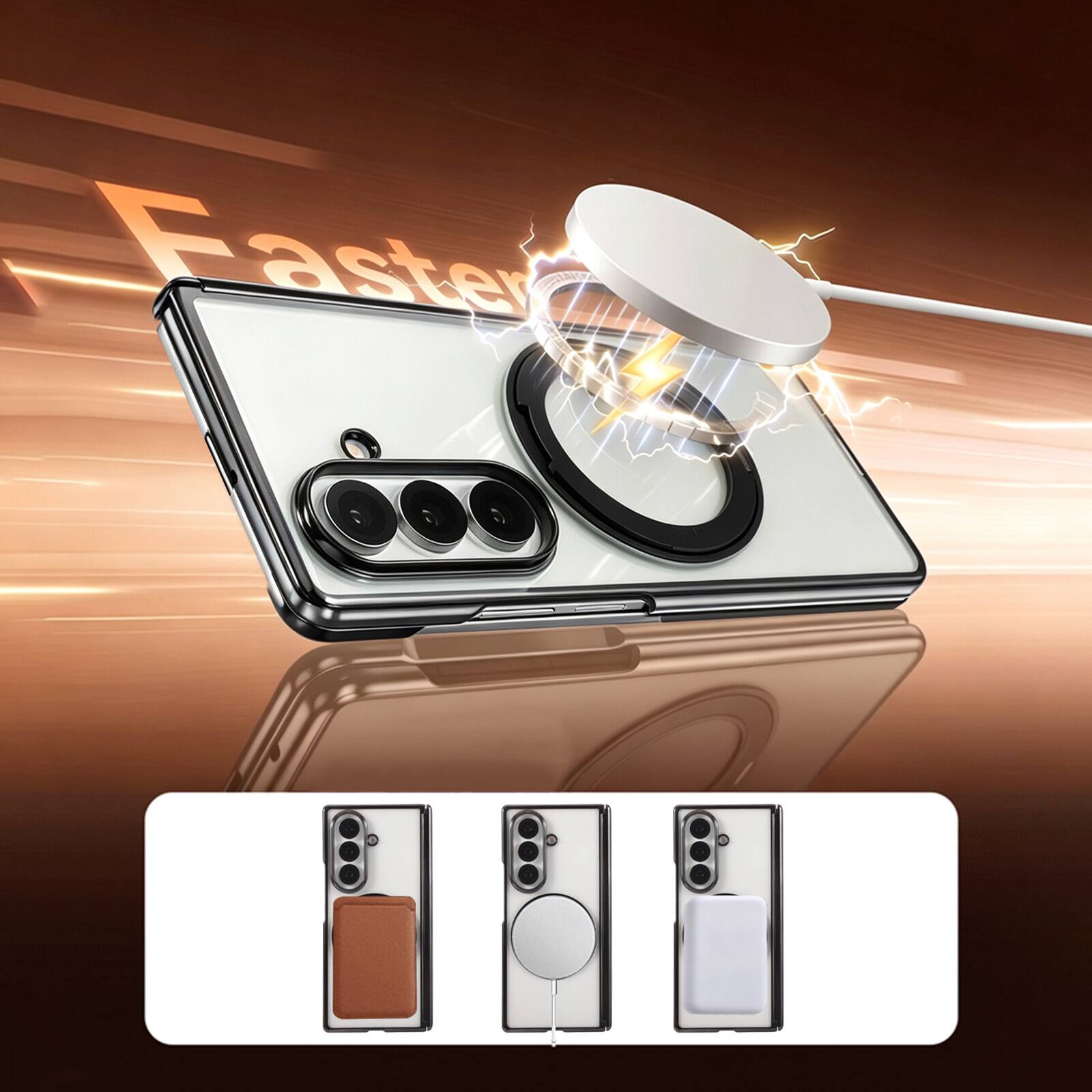 Angle. Dteck - Electroplated Frame Case for Samsung Galaxy Z Fold7 with Kickstand, Magnetic Clear Rigid Plastic Hinge Protection Cover - Silver.