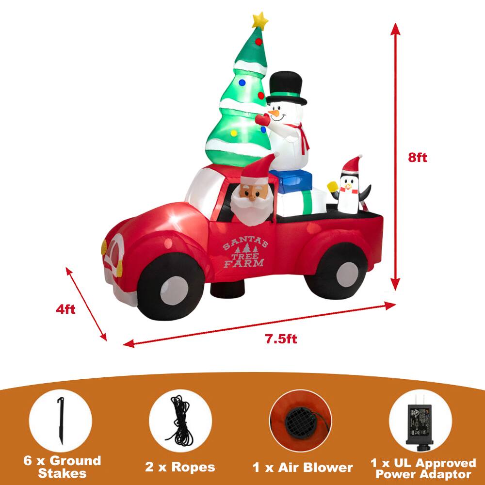 8ft Santa's Tree Farm  
4ft  
7.5ft  
6 x Ground Stakes  
2 x Ropes  
1 x Air Blower  
1 x UL Approved Power Adaptor