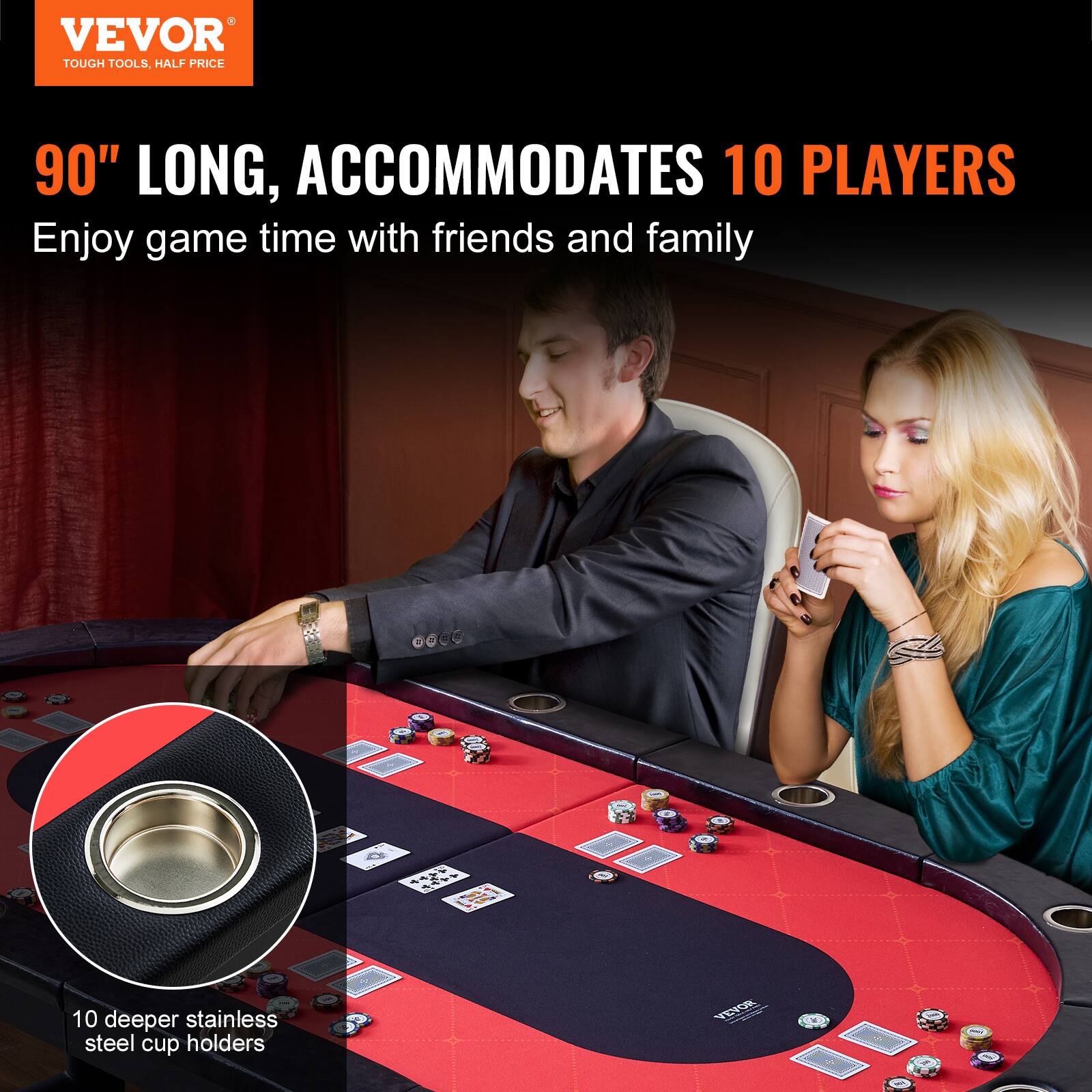 VEVOR TOUGH TOOLS, HALF PRICE 90" LONG, ACCOMMODATES 10 PLAYERS Enjoy game time with friends and family 10 deeper stainless steel cup holders