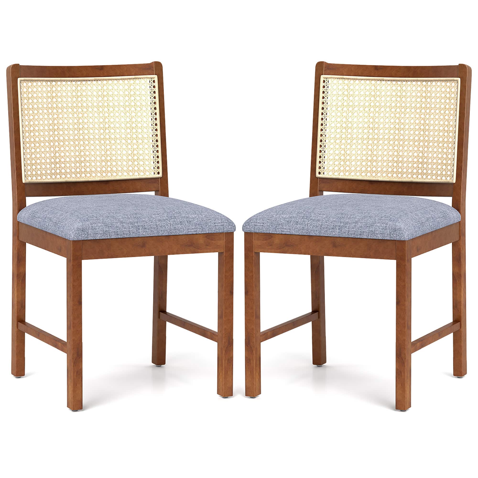 Gymax - Rattan Dining Chair Set of 2 w/ Rubber Wood Frame Linen Fabric Padded Seat - Brown, Grey, Yellow