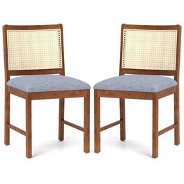 Gymax - Rattan Dining Chair Set of 2 w/ Rubber Wood Frame Linen Fabric Padded Seat - Brown, Grey, Yellow