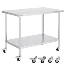 VEVOR - Stainless Steel Prep Table, 30 x 48 x 34 Inch, 880 lbs Load Capacity, Heavy Duty Metal Worktable - Silver