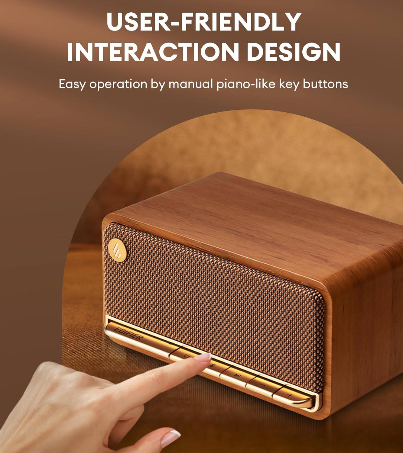 The text on the image reads "User-friendly interaction design. Easy operation by manual piano-like key buttons. Edifier 2 P."