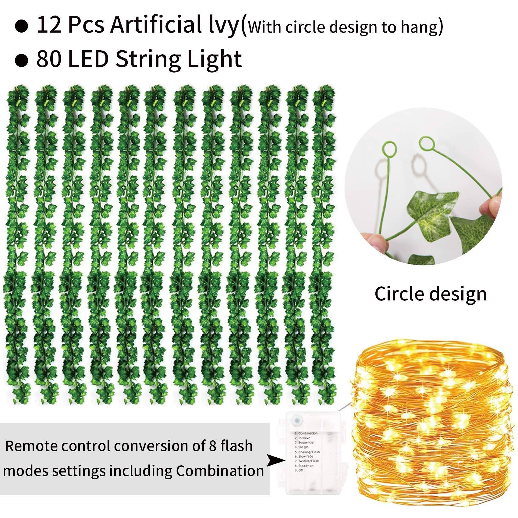 12 Pcs Artificial Ivy (with circle design to hang)  
80 LED String Light  

Remote control conversion of 8 flash modes settings including Combination  
1. Combination  
2. Sequential  
3. Slow Flash  
4. Big Flash  
5. Slow Fade  
6. Steady on  
7. Off  

Circle design