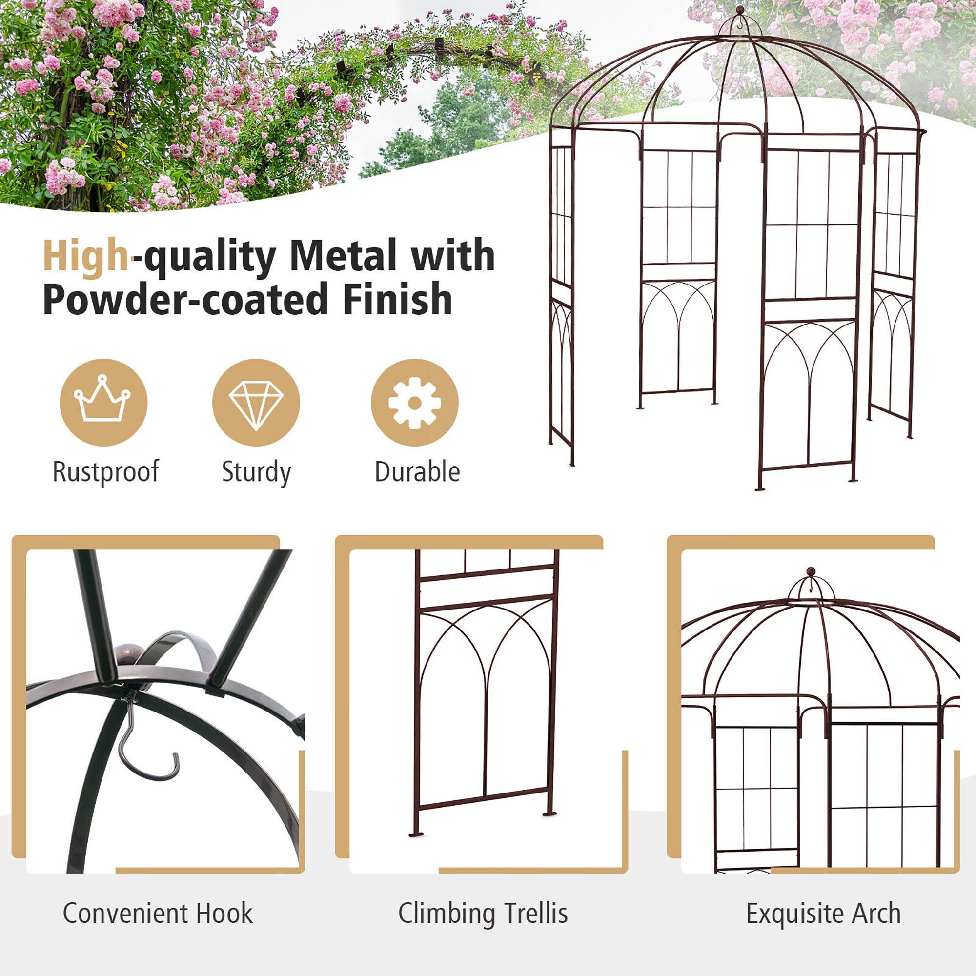 High-quality Metal with Powder-coated Finish  
Rustproof  
Sturdy  
Durable  
Convenient Hook  
Climbing Trellis  
Exquisite Arch