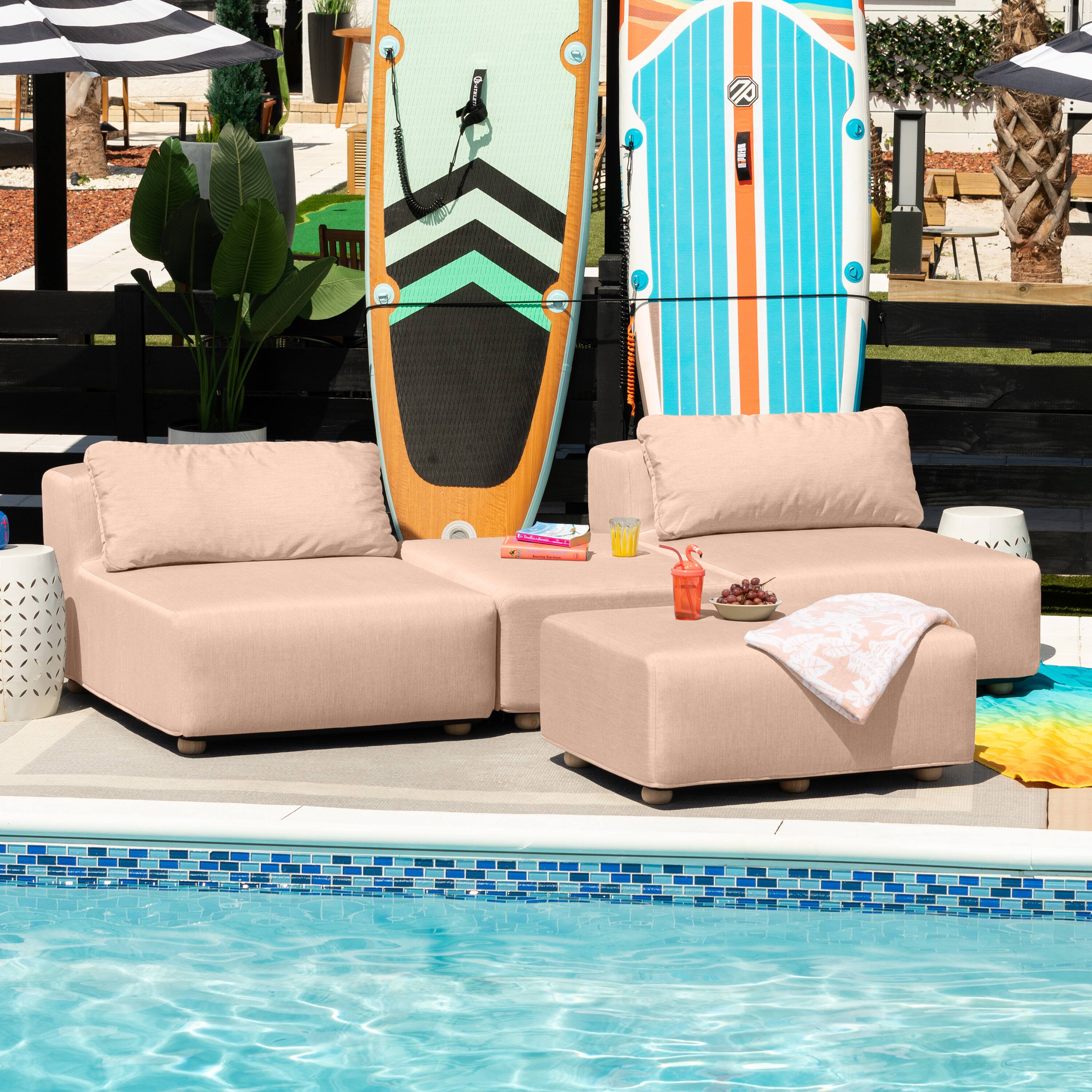 Left. Jaxx - Jaxx Vada Outdoor Sun Lounger Luxury Modular Chaise & Ottoman w/ Sunbrella Fabric & Waterproof Cover, Sunbrella Petal - Petal.