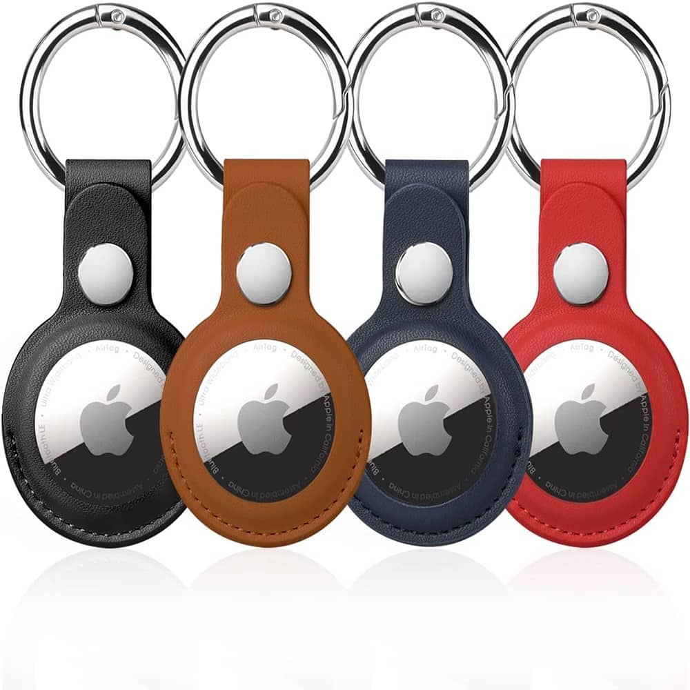 RTMB - 4-Pack AirTag Holder Keychain, PU Leather with Metal Snap Ring, Black - Brown&Blue&Black&Red