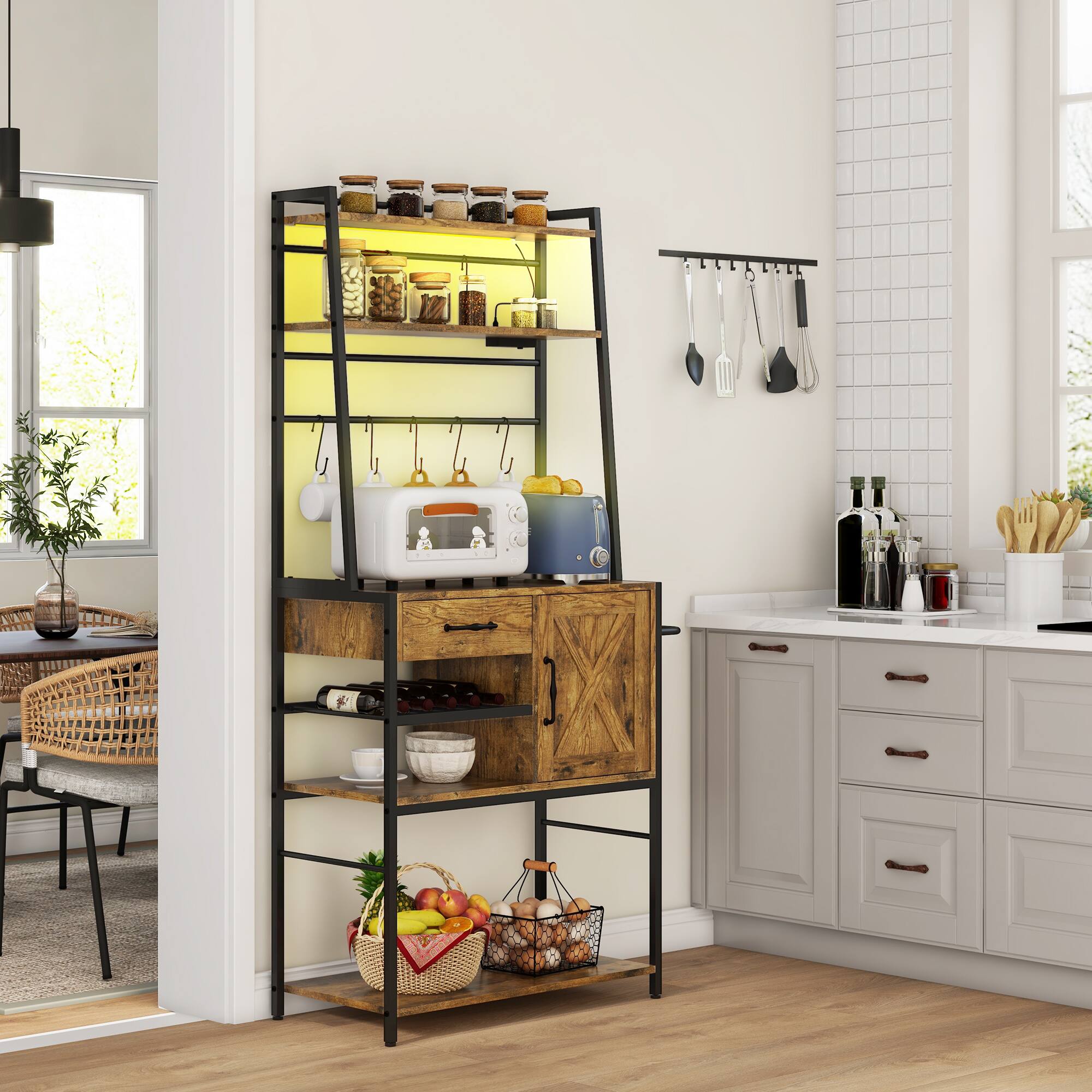 Angle. Homcom - Baker's Rack with Power Outlet and LED Lights, Coffee Bar Cabinet with Storage Shelves, Industrial Microwave Stand.