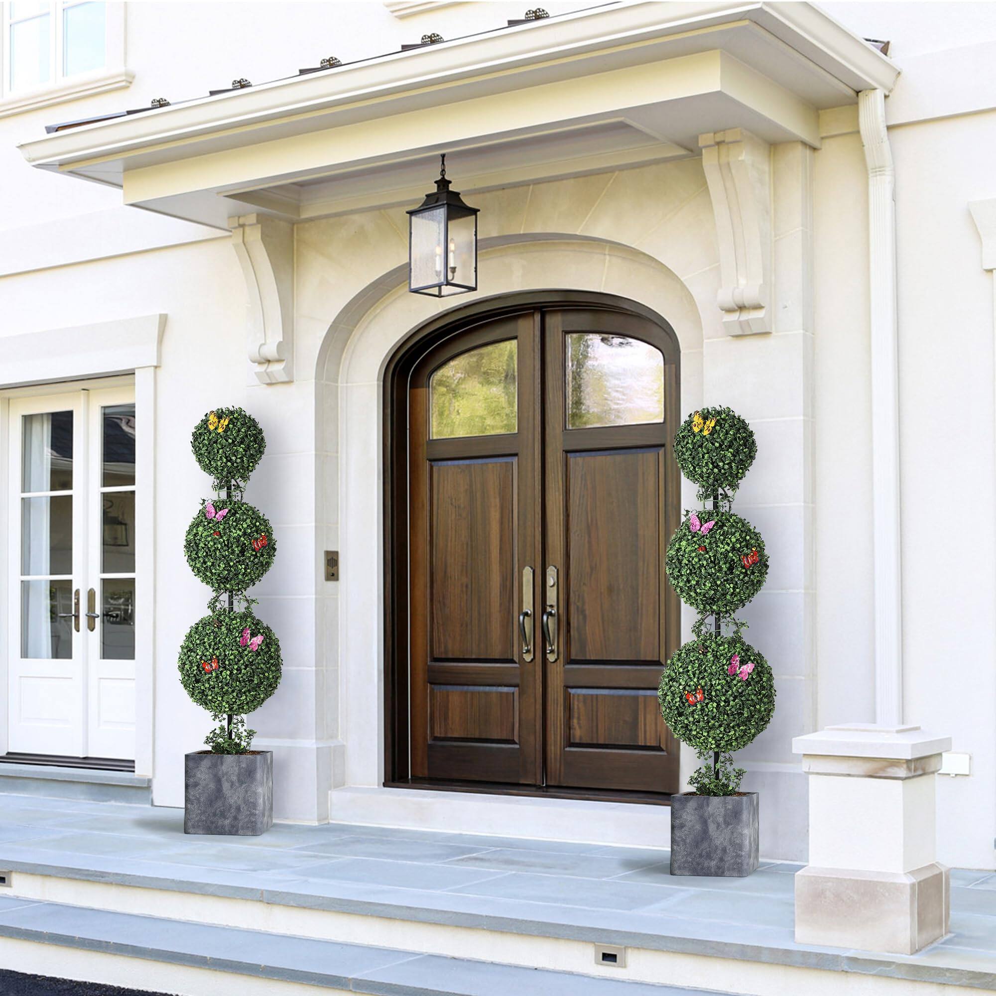 Left. Homhougo - 5 FT Artificial Triple Ball Topiary Trees, Artificial Plants Outdoor with Vines & Insects Decoration, Set of 2 - Green.