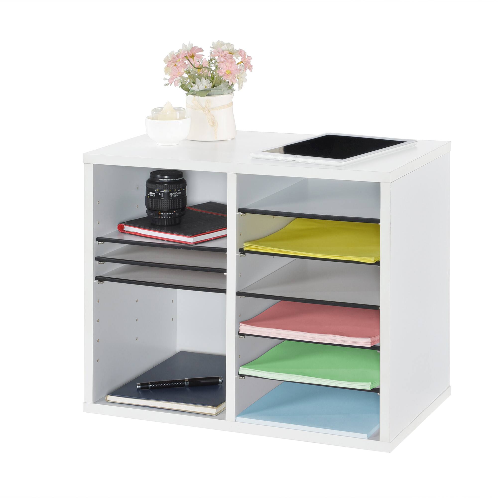 Alt View 3. AdirOffice - Literature Organizer, Wood Adjustable 12 Compartment Literature File Organizer, 11.8”D x 20”W x 16.3”H - White.