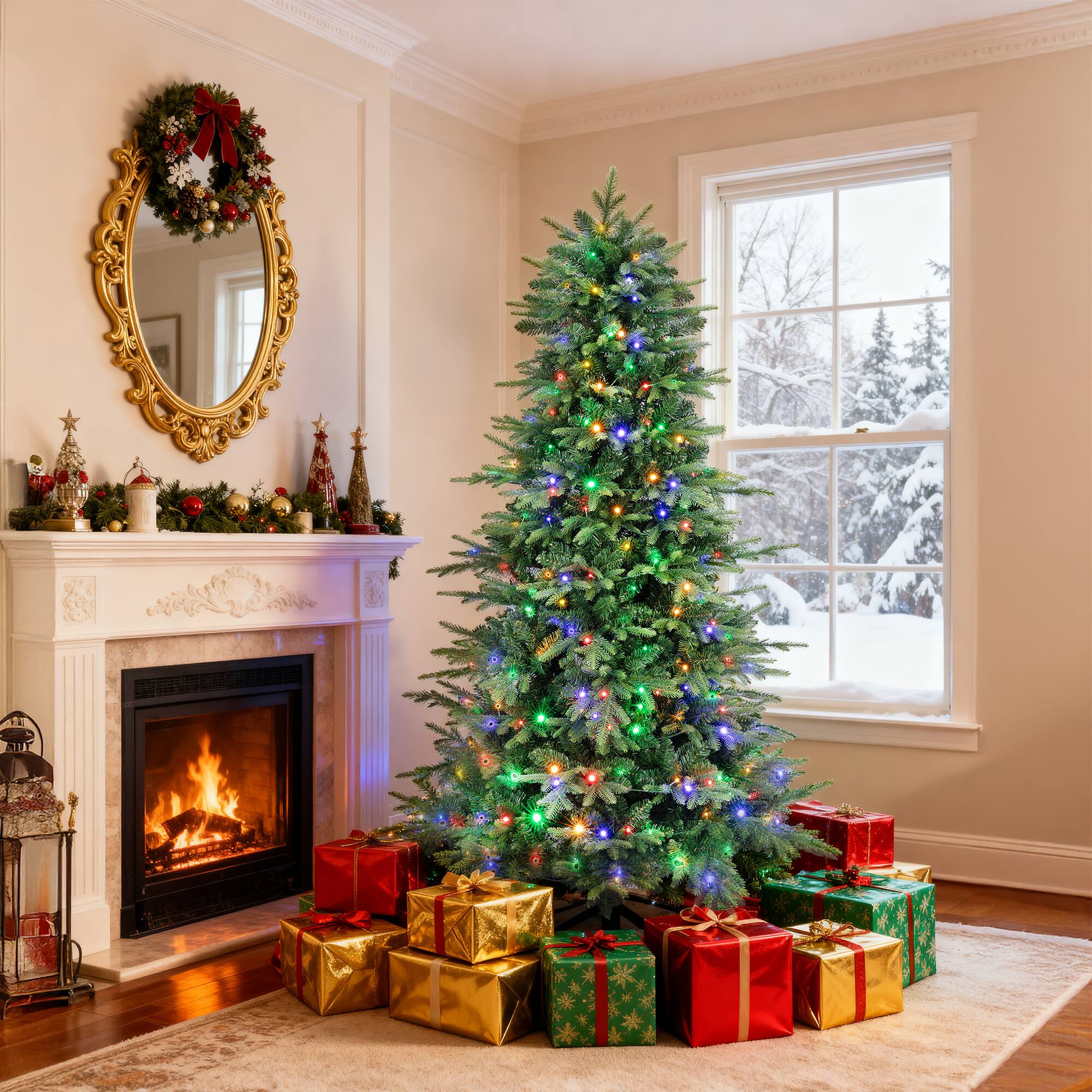 Angle. Sugift - 6FT Pre-Lit Christmas Tree with 300 Dual-Color LEDs, 1350 PE/PVC Tips & 11 Lighting Modes, Hinged Artificial Tree with M - Green.