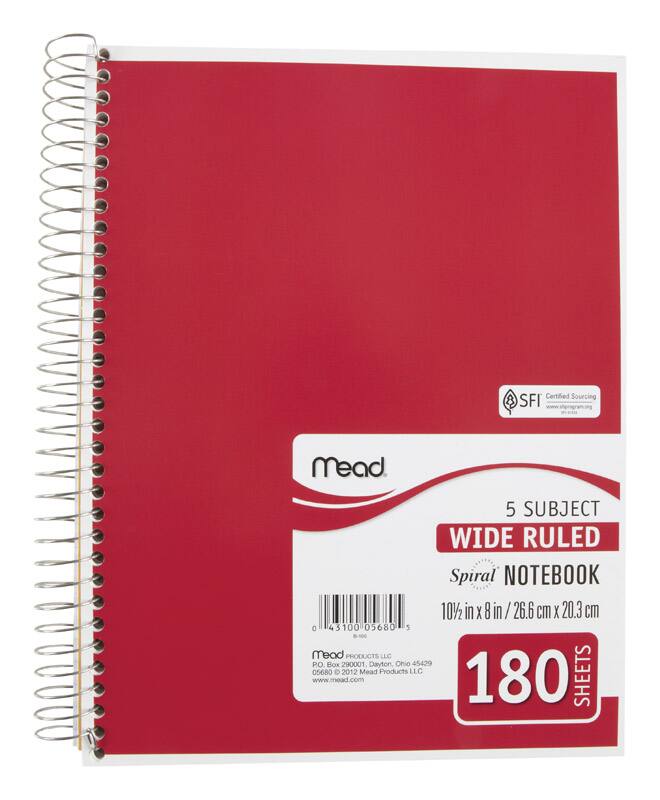 Mead - 8 in. W X 10-1/2 in. L Wide Ruled Spiral Assorted Notebook