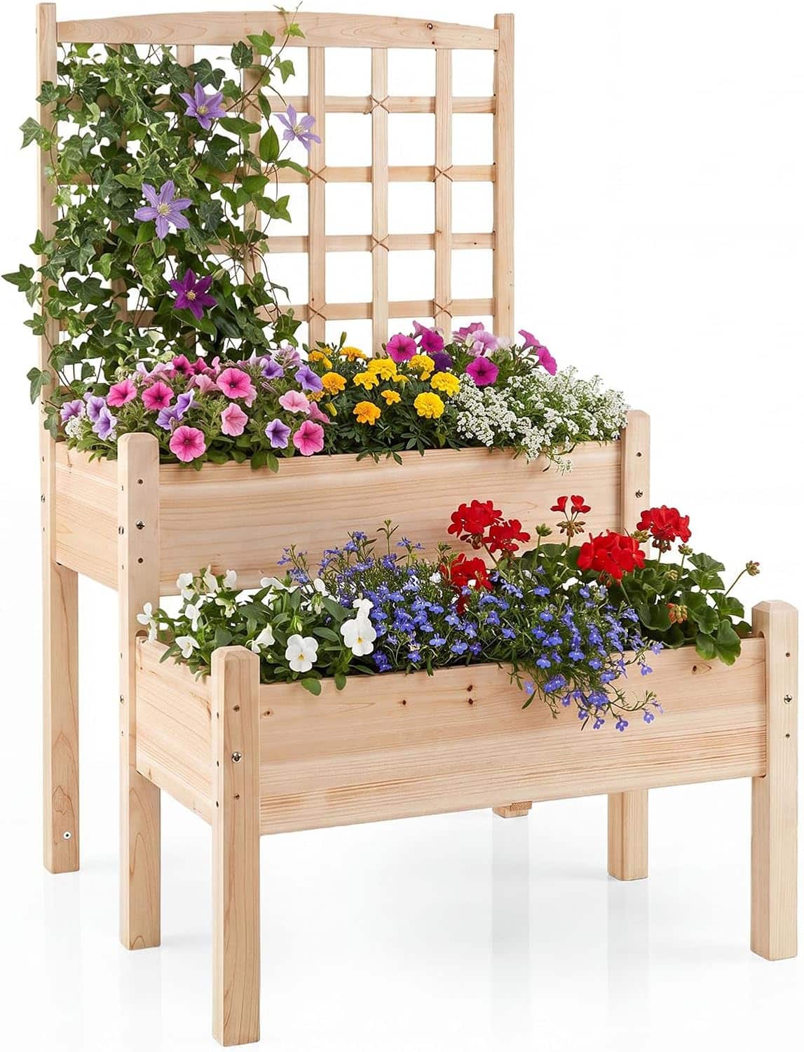 Gymax - Raised Garden Bed w/ Trellis 2-Tier Elevated Planter Box for Climbing Plants - Yellow