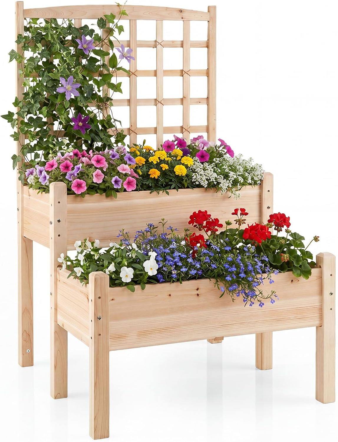 Front. Gymax - Gymax Raised Garden Bed w/ Trellis 2-Tier Elevated Planter Box for Climbing Plants - Yellow.