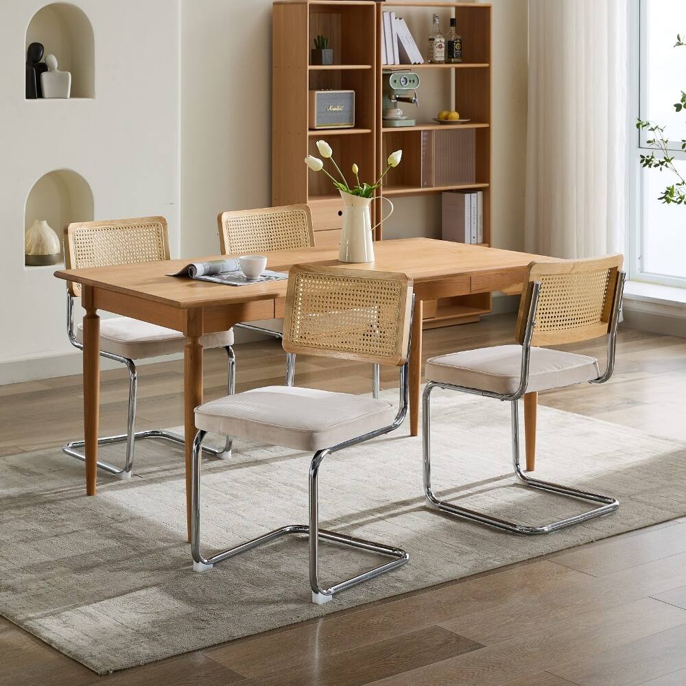 Alt View 10. Loheer - Loheer Mid Century Modern Dining Chairs Set of 2 Beige Velvet Accent Chairs Rattan Back Cantilever Chrome Base - Beige.