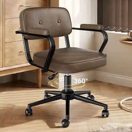Front. KERDOM - Compact Home Office Chair with Arms, Simple Computer Chair for Short People, PU Leather Cute Small Desk Chair for Study - Brown.