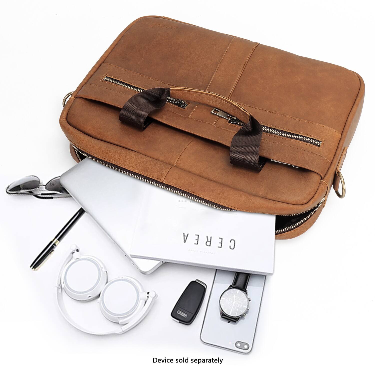 The image features a brown leather bag, which is placed on a white surface. The bag is open, revealing its contents, which include a wallet, a cell phone, a watch, and a pair of glasses. The text on the image reads, "CEREA QUEEP Device sold separately."