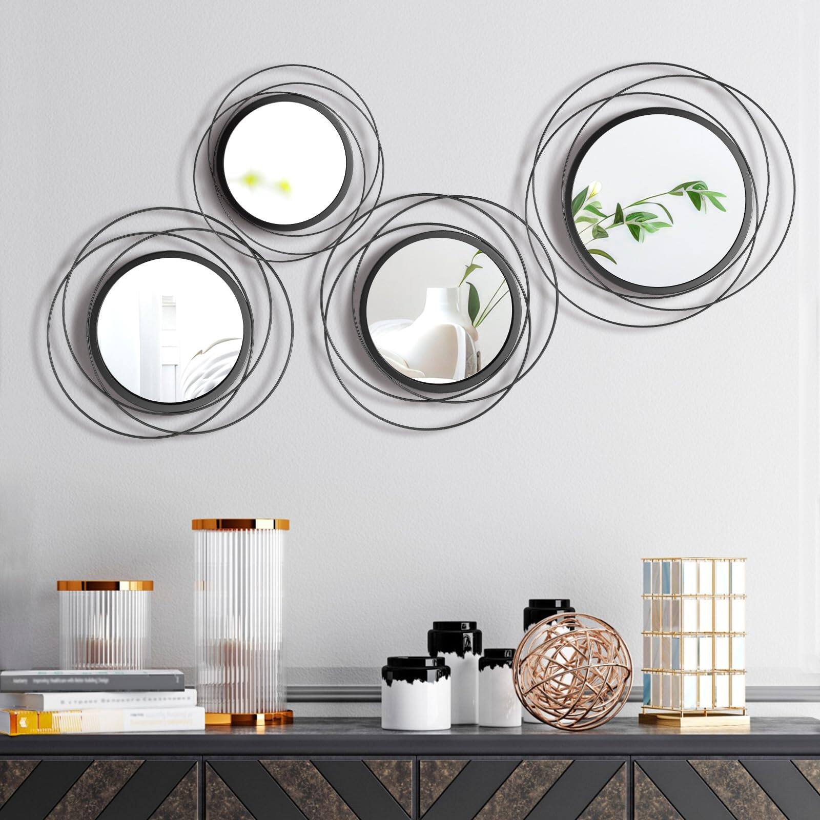 Front. Dazzling Pops - 4 Decorative Round Modern Circle Mirror Wall Art Ring Metal Mounted For Bedroom Living Room Entryway Dining - Black.