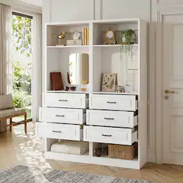 Aheaplus - 50" W Modular Closet Storage System Set of 2, Freestanding Wardrobe with 6 Wooden Drawers & 2 HD Mirrors - White